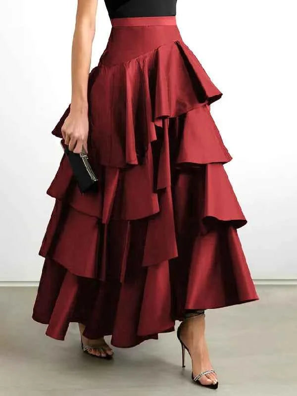 Women's Midi Skirts Summer Autumn Falbala Swing Party A-Line Classic Vintage Skirt for Lady High Waisted Long Skirts Black White