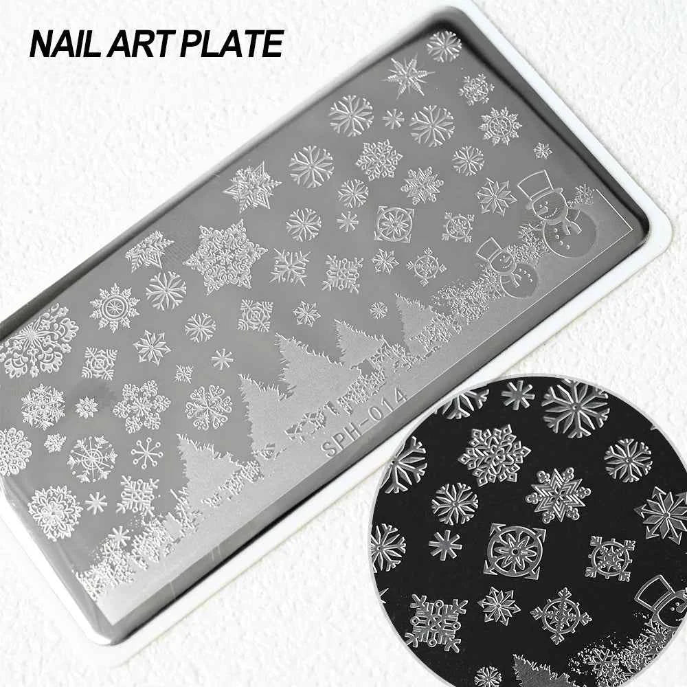 Plaques de stamping pour ongles Noël - Modèles d'art pour ongles avec flocons de neige, rennes et bonhommes de neige