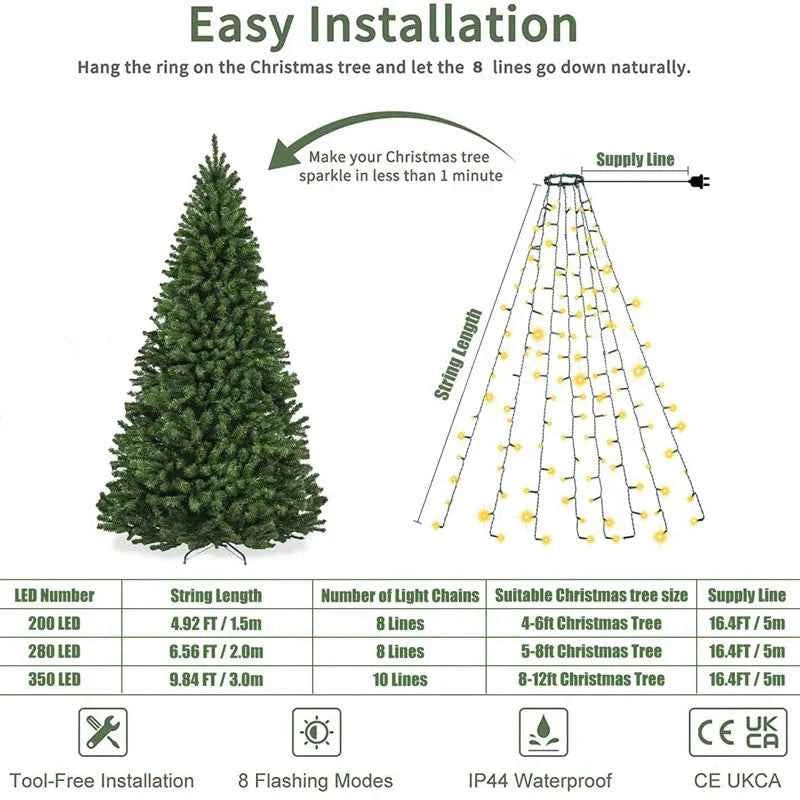 Guirlande lumineuse arbre Noël avec anneau lumineux LED pour décorations de sapin de Noël, lumières suspendues à basse pression pour fêtes de Noël
