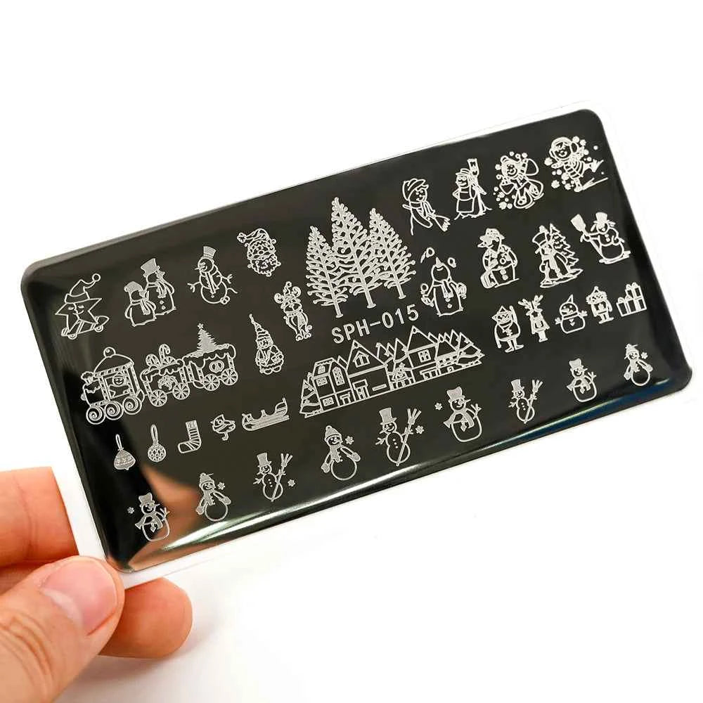 Plaques de stamping pour ongles Noël - Modèles d'art pour ongles avec flocons de neige, rennes et bonhommes de neige