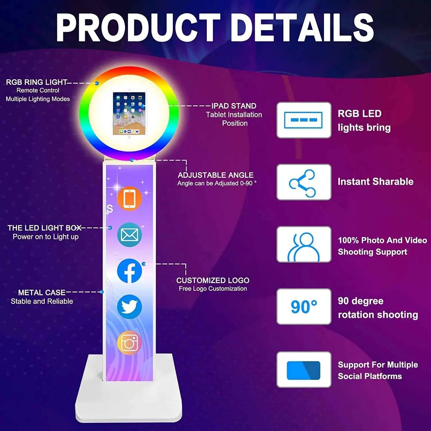 Stand Photo Booth iPad avec Lumière LED