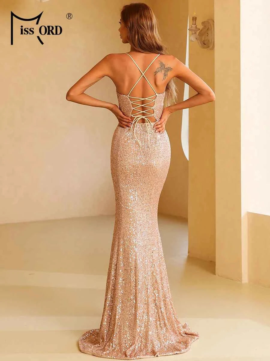 Robe maxi sexy dos nu à sequins