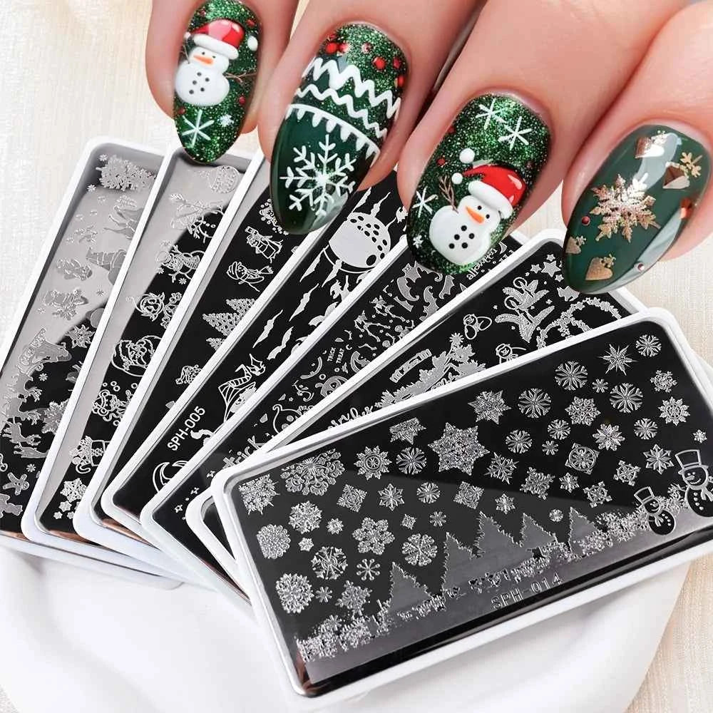 Plaques de stamping pour ongles Noël - Modèles d'art pour ongles avec flocons de neige, rennes et bonhommes de neige