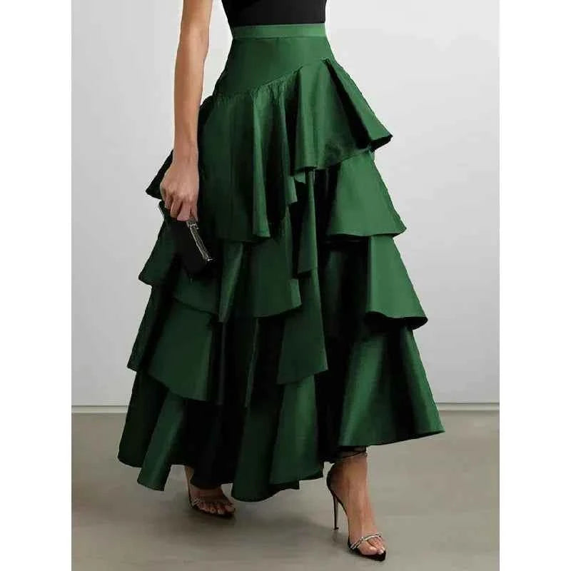 Women's Midi Skirts Summer Autumn Falbala Swing Party A-Line Classic Vintage Skirt for Lady High Waisted Long Skirts Black White