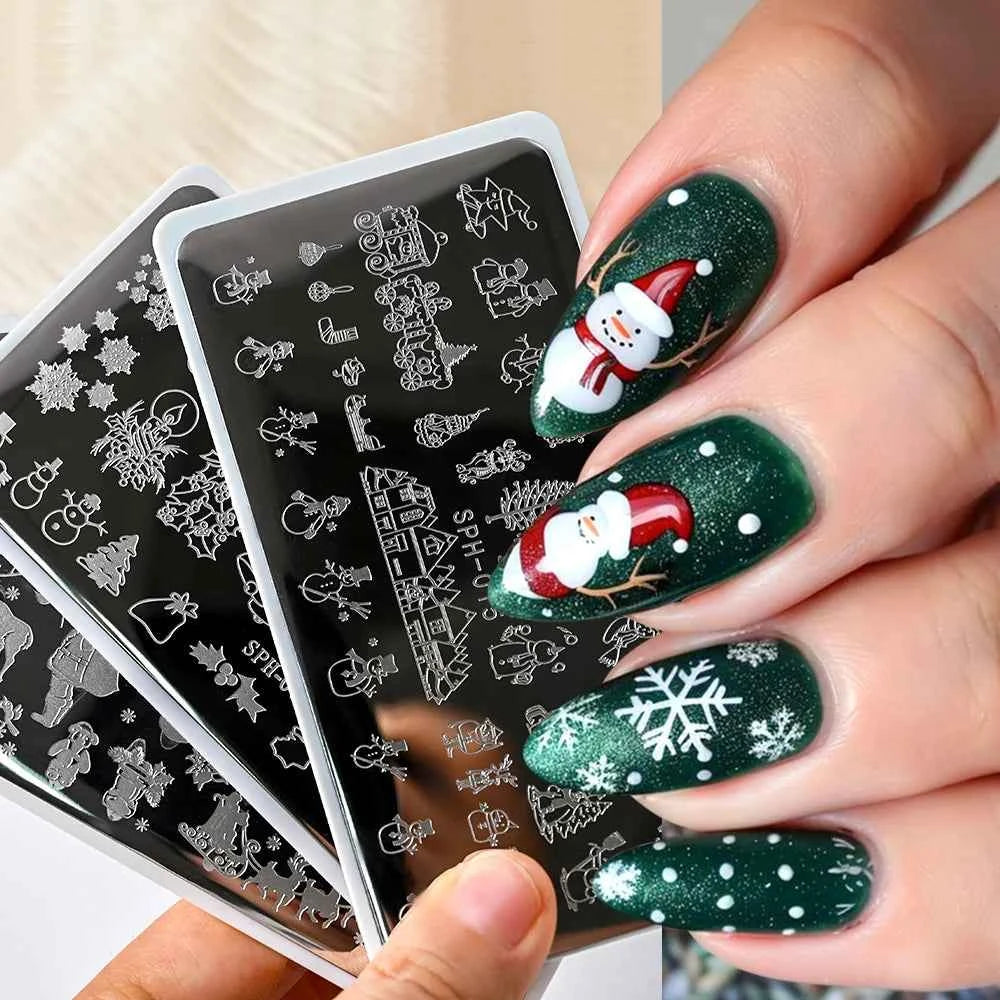 Plaques de stamping pour ongles Noël - Modèles d'art pour ongles avec flocons de neige, rennes et bonhommes de neige