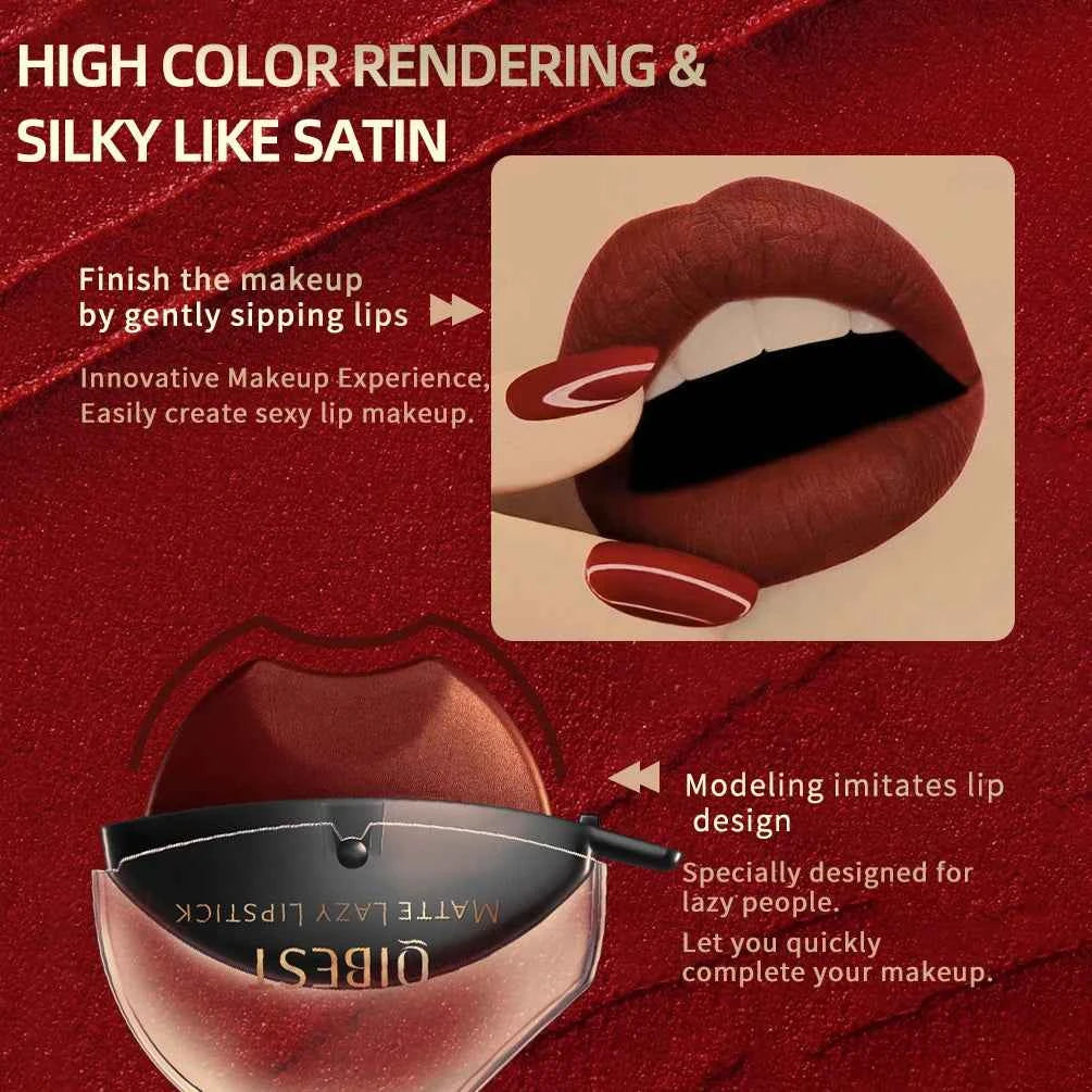 QIBEST Lazy Lipstick Long Lasting Makeup Lip-shaped Lipstick Velvet Matte Moisturizing Lip Gloss Waterproof Nude Lazy Lipstick