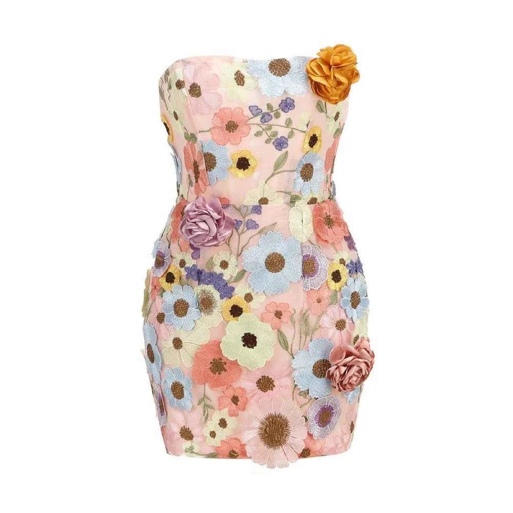 Robe mini dos nu brodée fleurs 3D