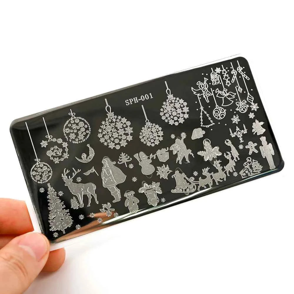 Plaques de stamping pour ongles Noël - Modèles d'art pour ongles avec flocons de neige, rennes et bonhommes de neige
