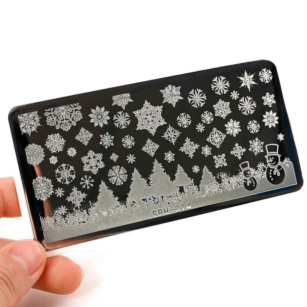 Plaques de stamping pour ongles Noël - Modèles d'art pour ongles avec flocons de neige, rennes et bonhommes de neige