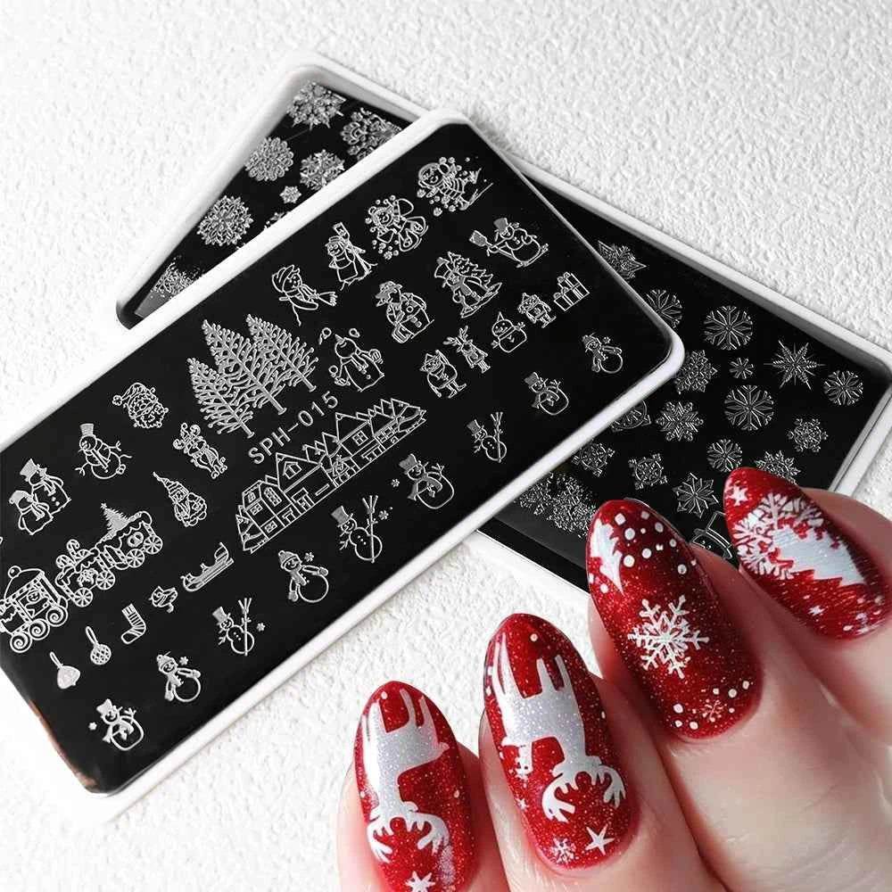 Plaques de stamping pour ongles Noël - Modèles d'art pour ongles avec flocons de neige, rennes et bonhommes de neige