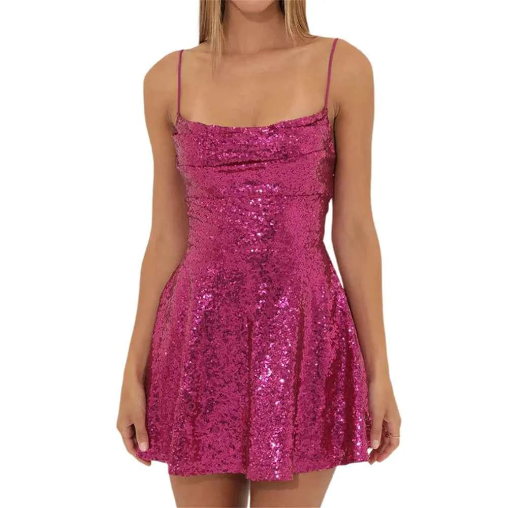 Robe Mini Pailettée Femme Été Dos Nu