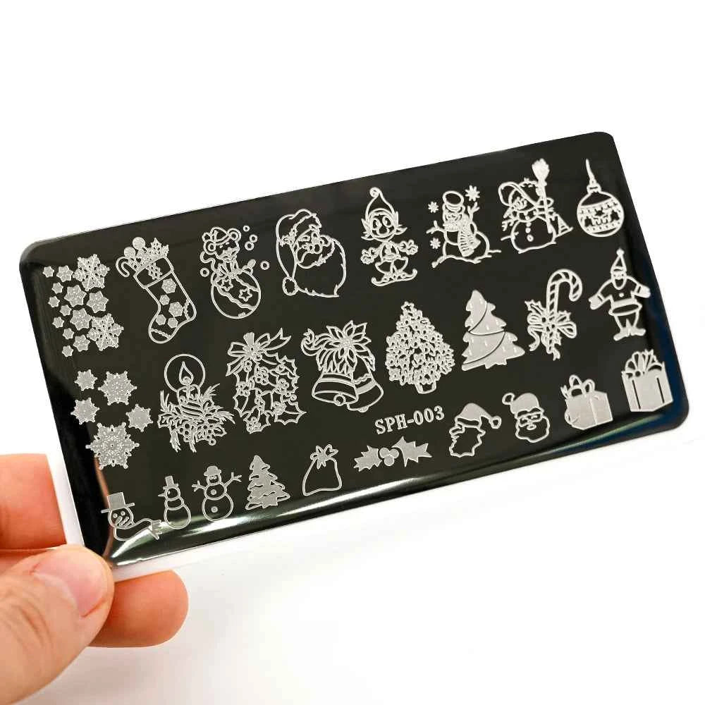 Plaques de stamping pour ongles Noël - Modèles d'art pour ongles avec flocons de neige, rennes et bonhommes de neige