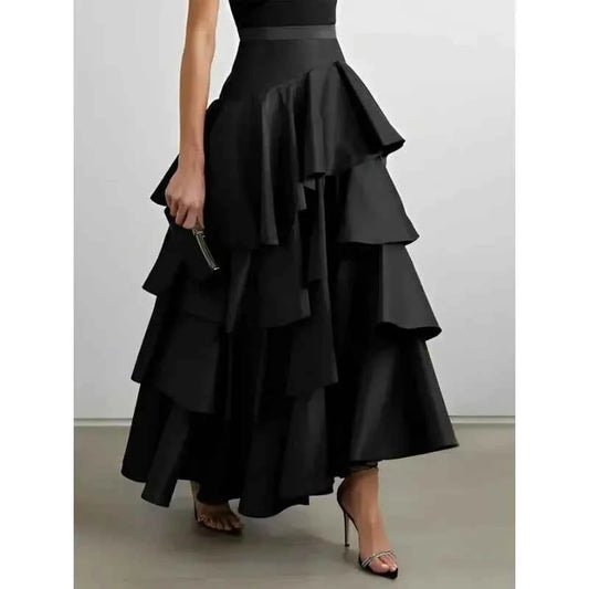 Women's Midi Skirts Summer Autumn Falbala Swing Party A-Line Classic Vintage Skirt for Lady High Waisted Long Skirts Black White