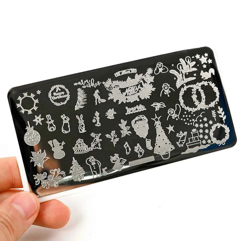 Plaques de stamping pour ongles Noël - Modèles d'art pour ongles avec flocons de neige, rennes et bonhommes de neige