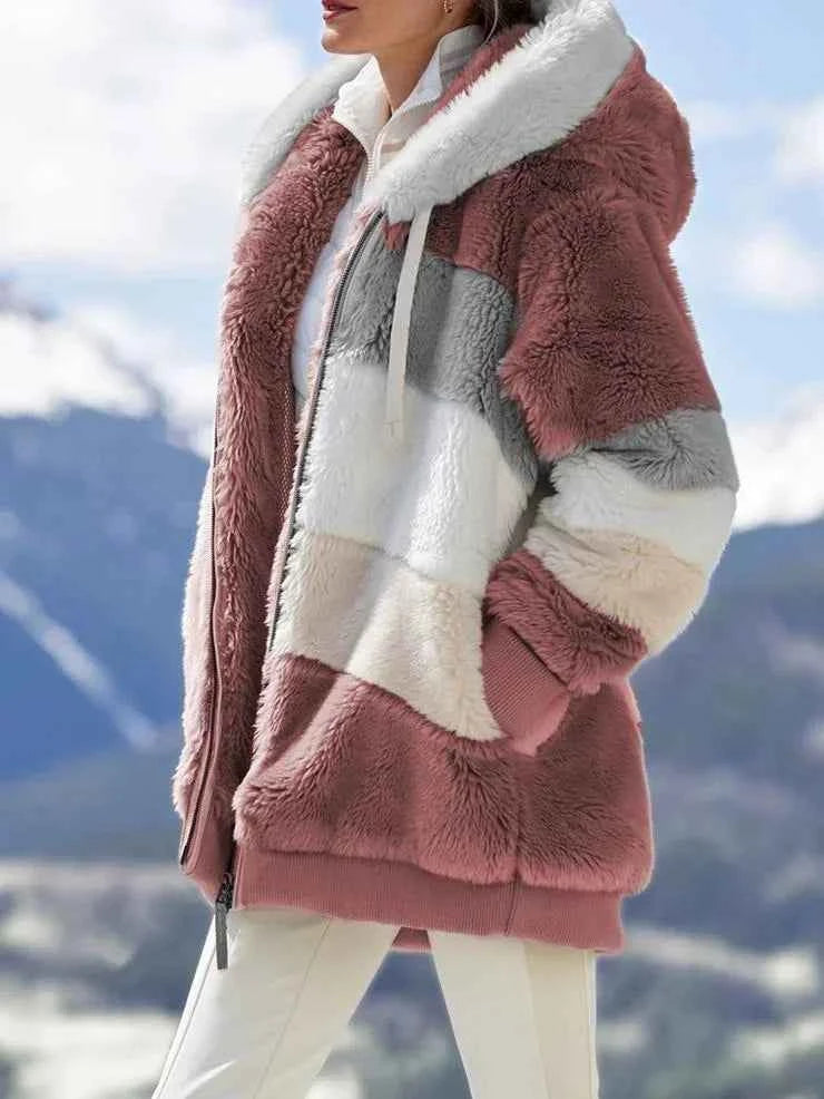Manteau femme casual hiver avec capuche et fermeture éclair en cachemire, veste à motifs pied-de-poule pour femme