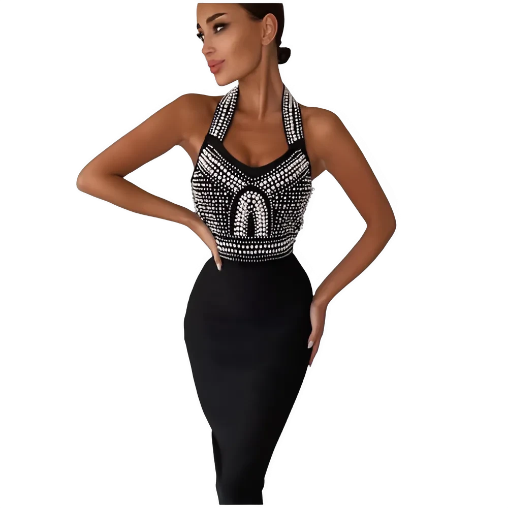 Robe Cocktail Beadée en Rayonne Khaki